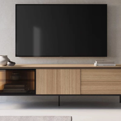 Presklený široký TV stolík ANACORTES - dub + LED osvetlenie ZDARMA