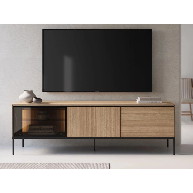 Presklený široký TV stolík ANACORTES - dub + LED osvetlenie ZDARMA