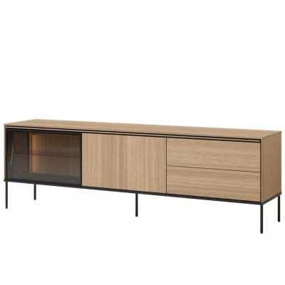 Presklený široký TV stolík ANACORTES - dub + LED osvetlenie ZDARMA