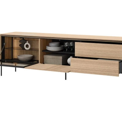 Presklený široký TV stolík ANACORTES - dub + LED osvetlenie ZDARMA