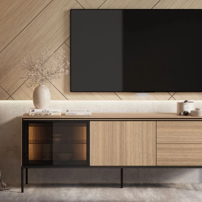 Presklený TV stolík ANACORTES - dub + LED osvetlenie ZDARMA