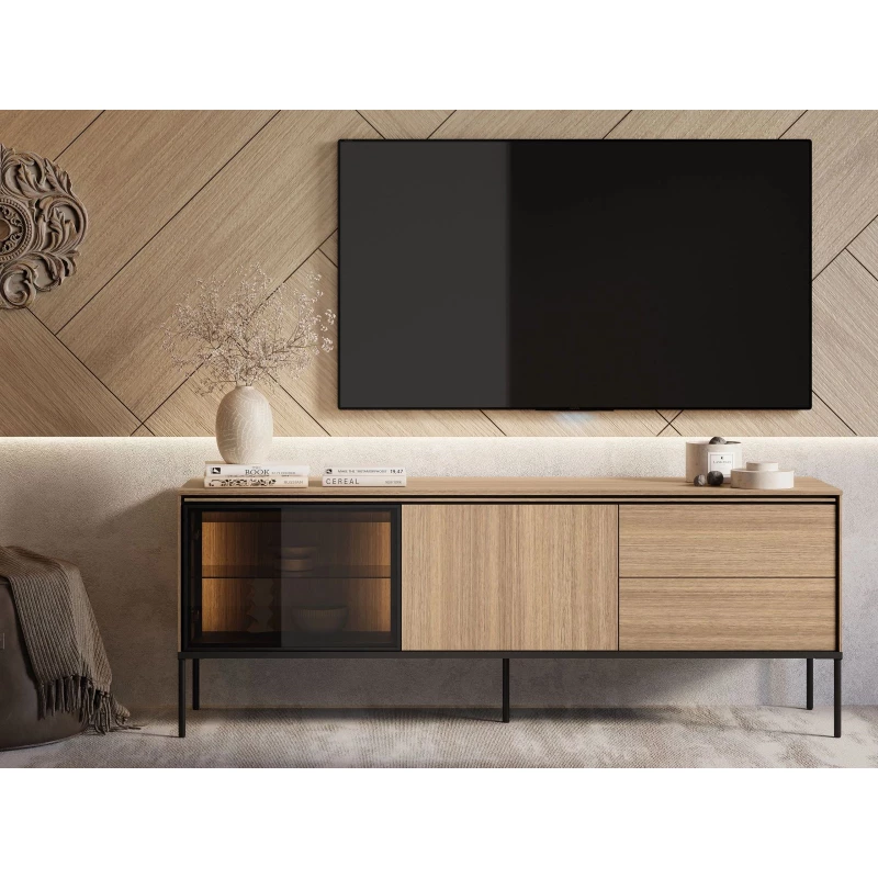 Presklený TV stolík ANACORTES - dub + LED osvetlenie ZDARMA