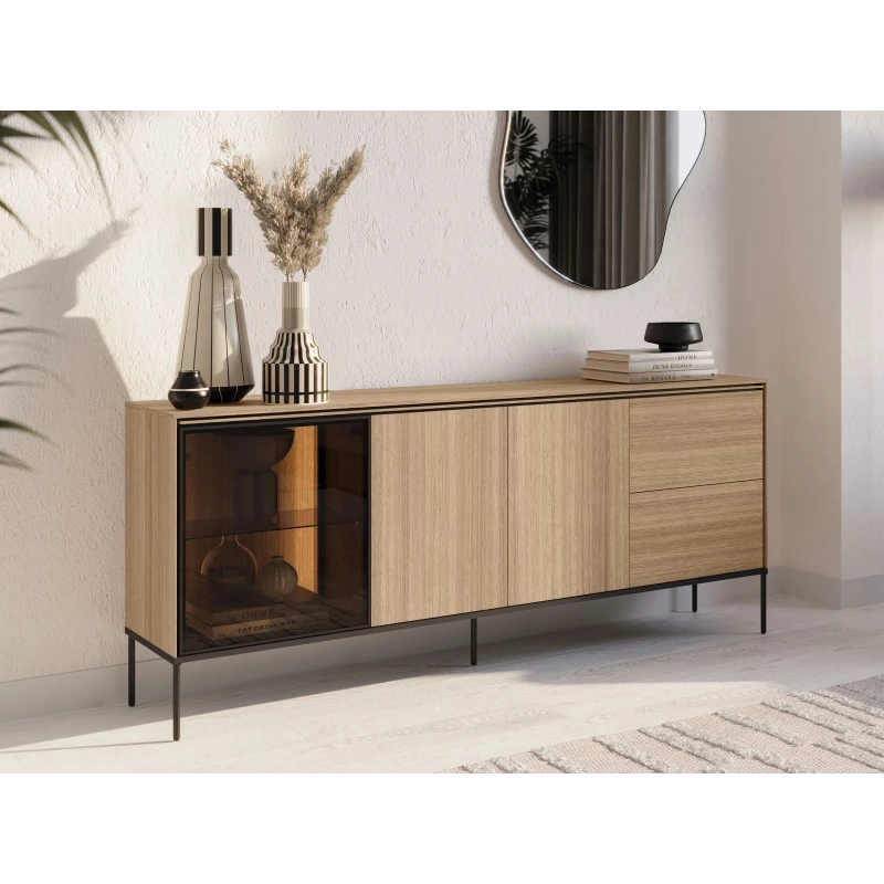 Presklená široká komoda ANACORTES - dub + LED osvetlenie ZDARMA