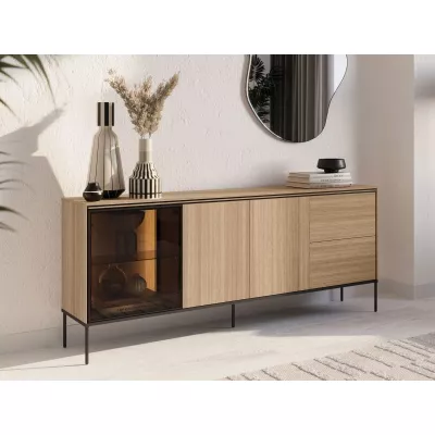 Presklená široká komoda ANACORTES - dub + LED osvetlenie ZDARMA