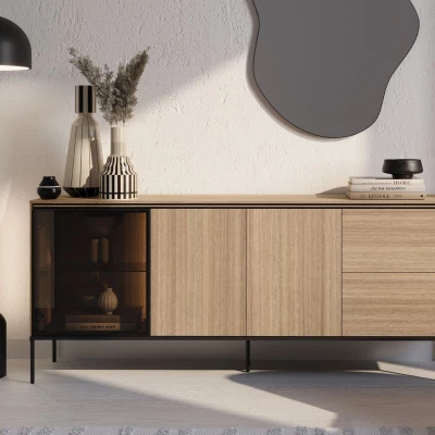 Presklená široká komoda ANACORTES - dub + LED osvetlenie ZDARMA