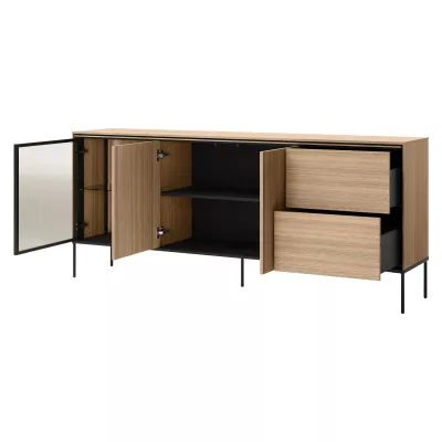 Presklená široká komoda ANACORTES - dub + LED osvetlenie ZDARMA