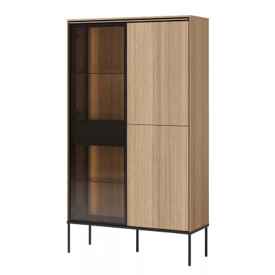 Vysoká presklená komoda s dvierkami a šuplíkom ANACORTES - dub + LED osvetlenie ZDARMA