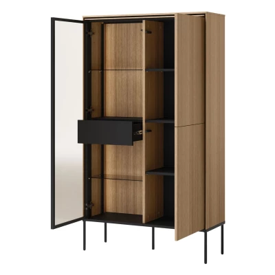 Vysoká presklená komoda s dvierkami a šuplíkom ANACORTES - dub + LED osvetlenie ZDARMA