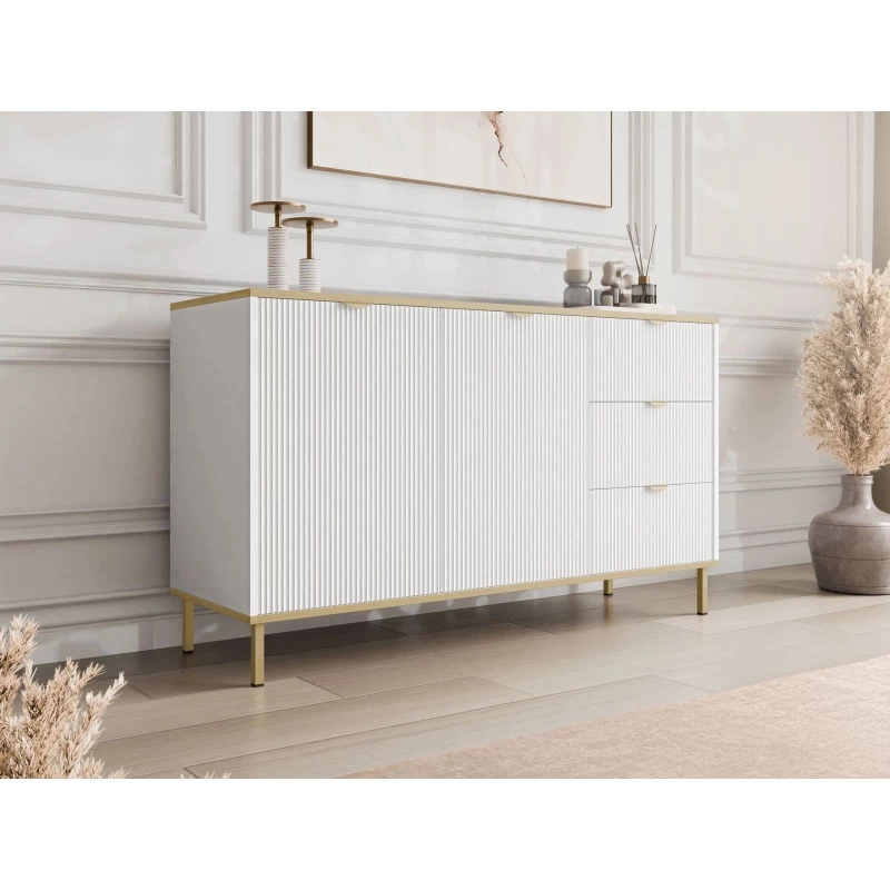 Široká komoda so šuplíkmi a dvierkami PULLMAN - zlatá / biela Široká komoda so šuplíkmi a dvierkami PULLMAN - zlatá / biela