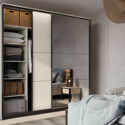 Široká zrkadlová šatníková skriňa 220 cm REDMOND - piesková béžová / čierna + LED osvetlenie ZDARMA