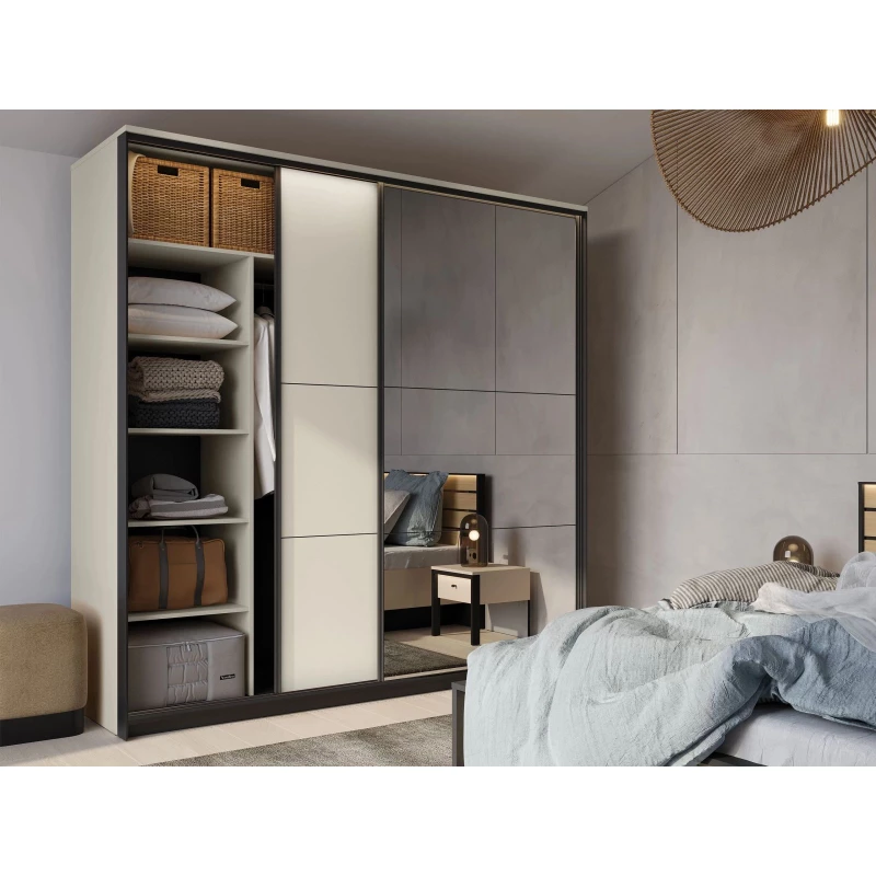 Široká zrkadlová šatníková skriňa 220 cm REDMOND - piesková béžová / čierna + LED osvetlenie ZDARMA