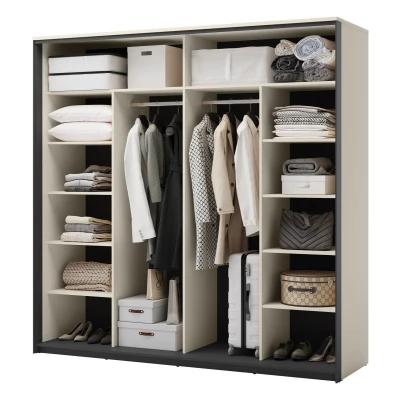 Široká zrkadlová šatníková skriňa 220 cm REDMOND - piesková béžová / čierna + LED osvetlenie ZDARMA