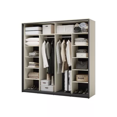 Široká zrkadlová šatníková skriňa 220 cm REDMOND - piesková béžová / čierna + LED osvetlenie ZDARMA