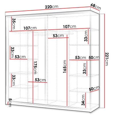 Široká zrkadlová šatníková skriňa 220 cm REDMOND - piesková béžová / čierna + LED osvetlenie ZDARMA