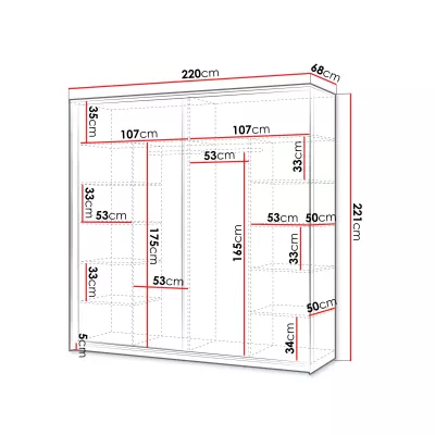 Široká zrkadlová šatníková skriňa 220 cm REDMOND - piesková béžová / čierna + LED osvetlenie ZDARMA