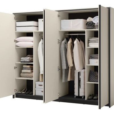 Veľká zrkadlová šatníková skriňa 251 cm REDMOND - piesková béžová / čierna + LED osvetlenie ZDARMA