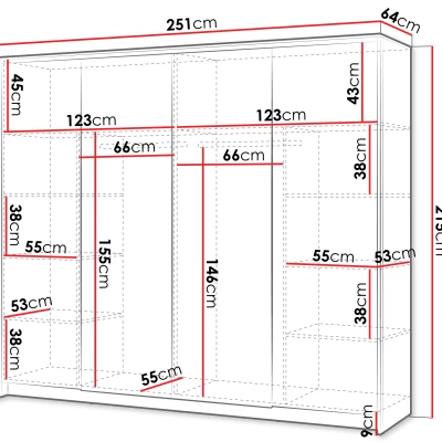 Veľká zrkadlová šatníková skriňa 251 cm REDMOND - piesková béžová / čierna + LED osvetlenie ZDARMA