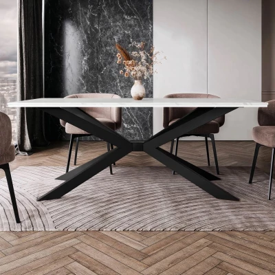 Dizajnový jedálenský stôl 190x90 LYNNWOOD - mramor biely / lesklý biely / čierny