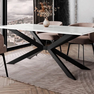 Dizajnový jedálenský stôl 190x90 LYNNWOOD - mramor biely / lesklý biely / čierny
