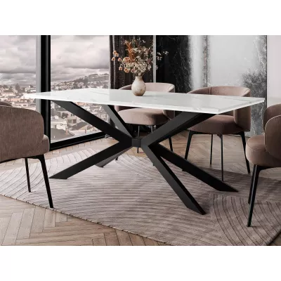 Dizajnový jedálenský stôl 190x90 LYNNWOOD - mramor biely / lesklý biely / čierny