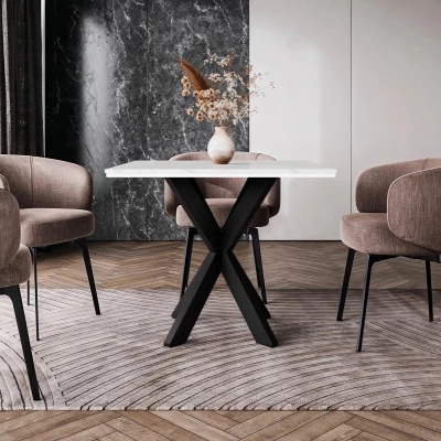 Dizajnový jedálenský stôl 90x90 MUKILTEO - mramor biely / lesklý biely / čierny