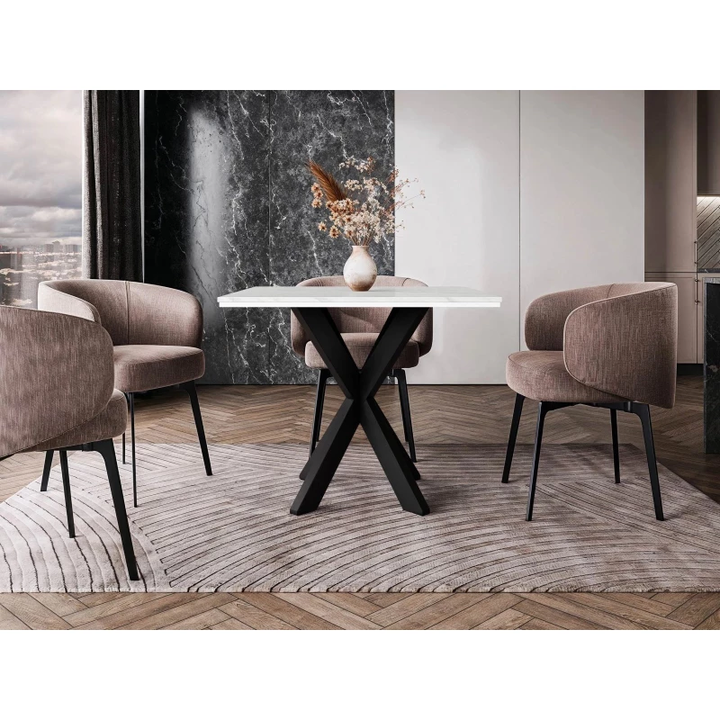 Dizajnový jedálenský stôl 90x90 MUKILTEO - mramor biely / lesklý biely / čierny