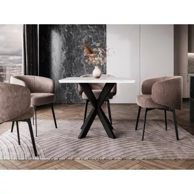 Dizajnový jedálenský stôl 90x90 MUKILTEO - mramor biely / lesklý biely / čierny