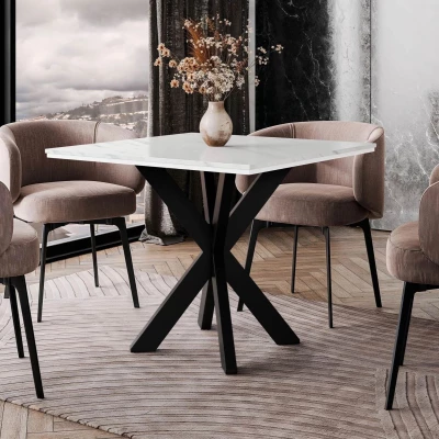 Dizajnový jedálenský stôl 90x90 MUKILTEO - mramor biely / lesklý biely / čierny