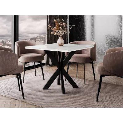 Dizajnový jedálenský stôl 90x90 MUKILTEO - mramor biely / lesklý biely / čierny