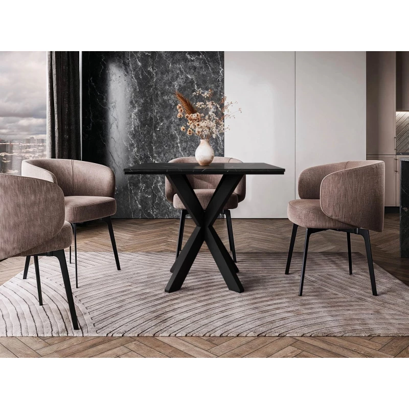 Dizajnový jedálenský stôl 90x90 MUKILTEO - mramor black royal / lesklý čierny / čierny
