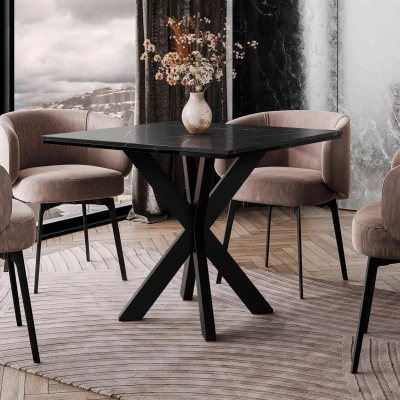 Dizajnový jedálenský stôl 90x90 MUKILTEO - mramor black royal / lesklý čierny / čierny