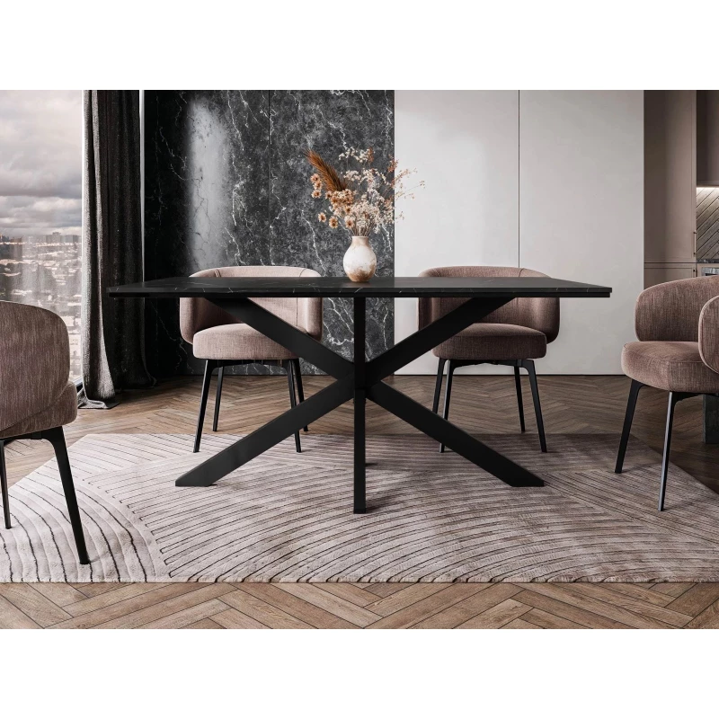 Dizajnový jedálenský stôl 160x90 SUMNER - mramor black royal / lesklý čierny / čierny