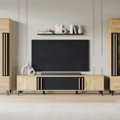 Stena do obývačky POULSBO 2 - dub artisan / čierna grafitová