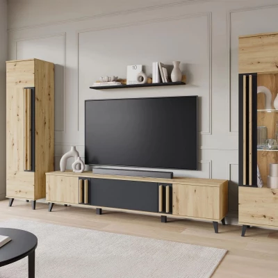 Stena do obývačky POULSBO 2 - dub artisan / čierna grafitová + LED osvetlenie ZDARMA