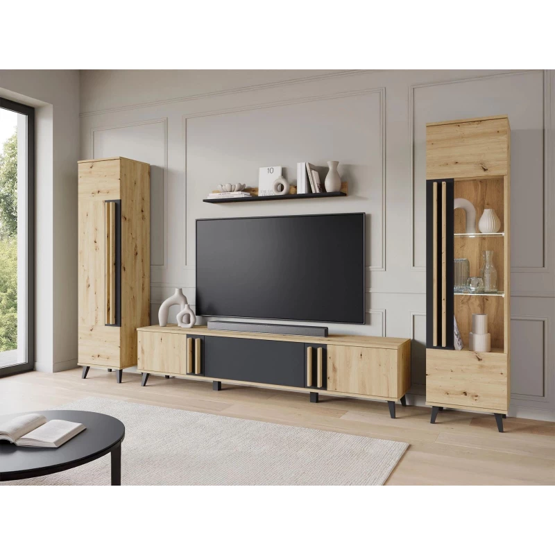 Stena do obývačky POULSBO 2 - dub artisan / čierna grafitová + LED osvetlenie ZDARMA