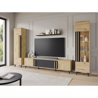 Stena do obývačky POULSBO 2 - dub artisan / čierna grafitová + LED osvetlenie ZDARMA