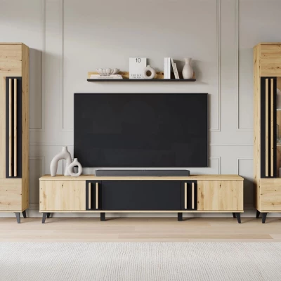 Stena do obývačky POULSBO 2 - dub artisan / čierna grafitová + LED osvetlenie ZDARMA