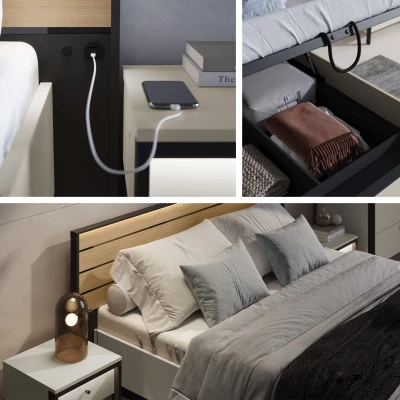 Manželská posteľ s úložným priestorom 160x200 REDMOND - dub / piesková béžová / čierna Manželská posteľ s úložným priestorom 160x200 REDMOND - dub / piesková béžová / čierna