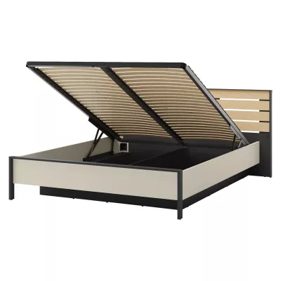 Manželská posteľ s úložným priestorom 180x200 REDMOND - dub / piesková béžová / čierna