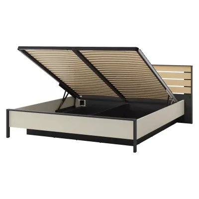 Manželská posteľ s úložným priestorom 180x200 REDMOND - dub / piesková béžová / čierna