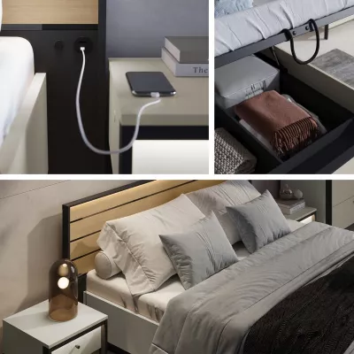 Manželská posteľ s úložným priestorom 180x200 REDMOND - dub / piesková béžová / čierna