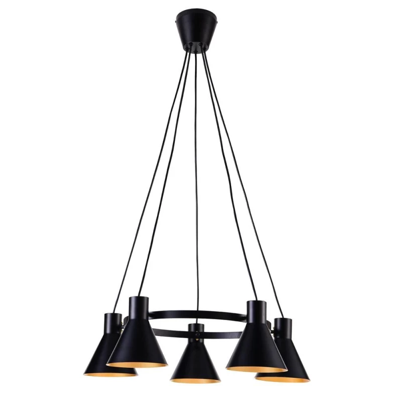 Moderný závesný päťramenný luster na lanku MORE - 5xE27, 40W, čierny / zlatý