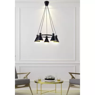 Moderný závesný päťramenný luster na lanku MORE - 5xE27, 40W, čierny / zlatý