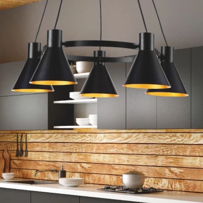 Moderný závesný päťramenný luster na lanku MORE - 5xE27, 40W, čierny / zlatý