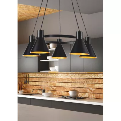 Moderný závesný päťramenný luster na lanku MORE - 5xE27, 40W, čierny / zlatý
