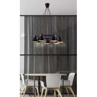 Moderný závesný luster na lanku MORE - 7xE27, 40W, čierny / zlatý
