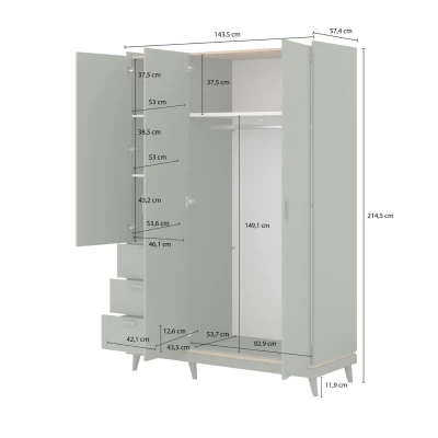 Trojdverová skriňa so šuplíkmi 144 cm ARWEN - dub / tehlová