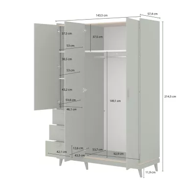 Trojdverová skriňa so šuplíkmi 144 cm ARWEN - dub / tehlová