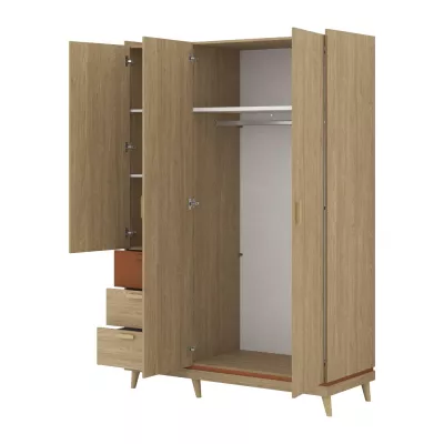 Trojdverová skriňa so šuplíkmi 144 cm ARWEN - dub / tehlová