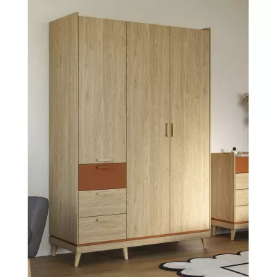 Trojdverová skriňa so šuplíkmi 144 cm ARWEN - dub / tehlová